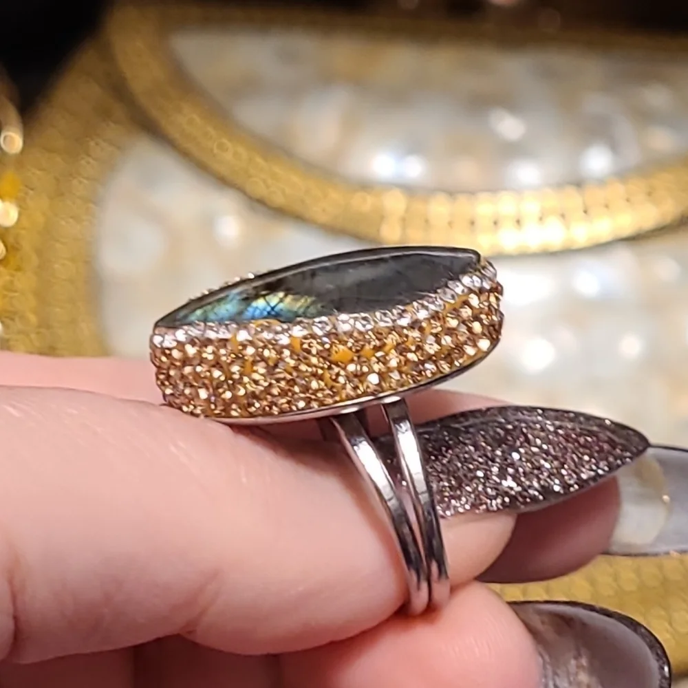 Natural Labradorite & Pave set Hematite Large Silver Ring